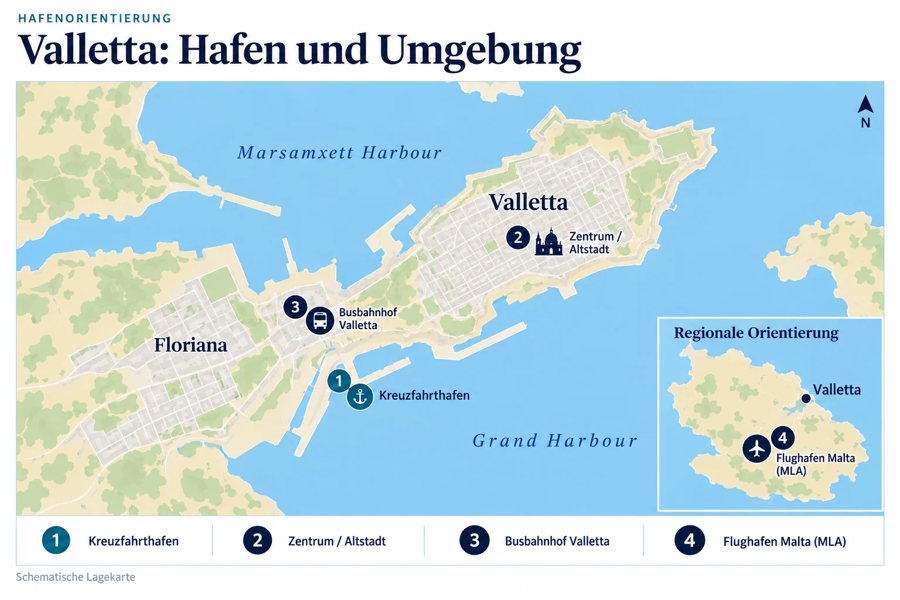 Schematische Hafenkarte von Valletta mit Altstadt, Busbahnhof am City Gate und regionaler Lage des Flughafens Malta.